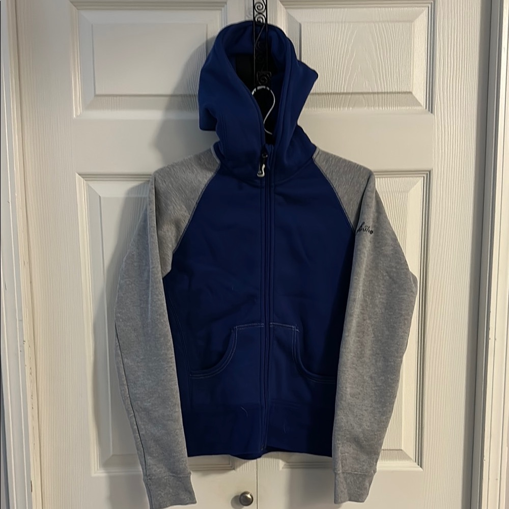 Firstar Navy Blue and Gray Quilted Bomber Jacket with Hood
